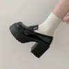 Klobige Plateau-Müßiggänger mit Absatz, Lackleder, Slip-on-Freizeitschuhe für Damen, Büroschuhe, japanische Lolita, schwarze Absätze 2023