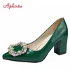 Aphixta New Dark Green Pearl Buckle Patent Leather Women's Pumps 7cm Square Heel Officile Pointed Toe Shoes Super Big Size 49 50