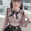 Chemisiers pour femmes japonais Kawaii dentelle à volants chemise femmes Y2k rose nœud chemisier Harajuku mignon dames hauts 2023 mode Lolita Mujer Blusas Femme