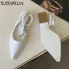 SUOJIALUN 2023 Spring New Pointed Toe Women Sandal Fashion Ankle Strap Ladies Elegant Slingback Shoes Square Low Heel Dress Muje L230518