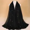 Cachecóis Lisos Cor Sólida Jersey Hijab Cachecol Envoltório com Miçangas Xaile Elástico Maxi Foulards Árabes Snood Pearl Muslim Tiara Sjaal 180 80Cm