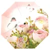 Umbrellas Beautiful Pink Roses And Butterfly Umbrella Rain Women Gift Three Folding Windproof Automatic Portable Travel