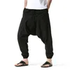 Calças masculinas harem calças de algodão linho dropcrotch calças largas legal respirável joggers sweatpants hombre sarouel homme hippy