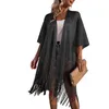 Women's Swimwear Women's Women Beach Sun Shirts Long Fringe Decorative Solid Color Hollow Loose Knit Sweater Cloak Cape Shawl