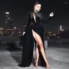 Casual Dresses Fashion Spring Summer Lady Hollow Out Long Sleeve Big Slit Dress Sexy Girl Velvet Skirt Woman Party Gift Nightclub Clothes