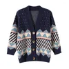 Kvinnors stickor Koreansk kontrastfärg Patchwork V-ringning Kvinnor Knit Cardigan tröja Beige Red Navy Blue Spring Autumn Loose Casual Lady