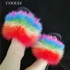 Sandales d'été dames coloré fourrure moelleux pantoufles femmes belle peluche diapositives fête fourrure tongs 230417