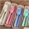 Flatware Sets Environmental Wheat Platycodon St Cutlery Set Portable Cam Tableware Spoon Fork Chopsticks Customized Logo Drop Delive Dhoel