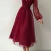 Casual Dresses JSXDHK Runway Autumn Mesh Long Dress Elegant Women Sexy Deep V Neck Red Party Vintage Lantern Sleeve Ball Gown Vestidos