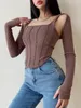Camis Womongaga Solid Color Sexy Ladies Street Tshirt Crop Top Ladies Casual Slim Long Sleeve Camisole Fashion Girls SZFC