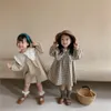 Girls Dresses Baby Dress Casual Plaid Clothes Summer Korean Cotton Linen Princess Big Turn Down Collar 230607