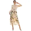 Casual Dresses Women Elegant Maxi 202 Spring Autumn Bow Long Sleeve Mesh Pattern Print Set Turkiet Evening Party Robe Vestido