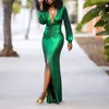 Casual Dresses Kalenmos Sexy Green Dress High Waist Split Women Long Maxi Showgrounds Party Dinner Club African Plunging Neck Vestiods