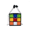 Bolsas de noite xadrez cubo mágico bolsas para mulheres 2023 couro envernizado caixa moda bolsa quadrada personalidade engraçado ombro bonito senhoras