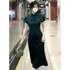 Etnik Giyim 2023 Moda Koyu Yeşil Cheongsam Baskı Kısa Kollu Vintage Elbise Kadın Kostümleri Geliştirilmiş Qipao Çin Oriental Kız