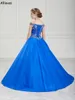 Blue Satin Crystals Sparkle Little Girl's Pageant Dresses Off Shoulder Toddler Kid Princess First Communion Party Gowns Sweep Train Wedding Flower Girl Dress