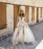 Macacão de renda com decote em V profundo transparente vestidos de noiva com trem destacável manga longa vestidos de noiva vestido de novia