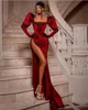 Sexy Red Mermaid Prom Dresses Long for Women Square Neck Long Sleeves Beads High Side Split Draped Party Dress Formal Birthday Pageant Celebrity Evening Gown