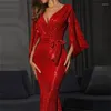 Casual Dresses Red Evening Party Dress Deep V Neck Flare Sleeve Long Maxi för brudbröllop Sexig kvinna Promklänningar