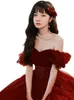 Party Dresses Gorgeous Wine Red Off Shoulder Women Prom Dress Strapless High Waist Tulle Long Evening Gown Princess Vestidos