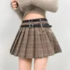 Jupes TVVOVVIN Lance Double Ceinture Marron Plaid Jupe Plissée Collège Style Taille Haute Mince A-ligne Doux Femmes M8JR