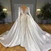 Vestidos de novia de sirena de perlas de lujo con sobrefalda cuello en V satén vestidos de novia de manga larga vestido de novia elegante túnicas de mariee2552