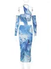 Casual Dresses 2023 Summer Women Blue Printing Midi Bodycon Dress Long Sleeve Hollow Out Y2K Axelless Sexy Party Club Backless