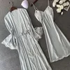 Kadın pijama 2pcs Lady Kimono robe elbisesi seti dantel kayış gecelik seksi gelin düğün bornoz salonu saten kimyasal iç çamaşırı