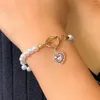 Charm Bracelets Trendy Shiny Heart Crystal Pendant Pearl For Women Simple Pearls Chain OT Buckle Bracelet Party Jewelry Gift