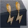 Dangle Chandelier Hip Hop Lightning Drop Earrings Fl White Zircon Hoop 18K Real Gold 도금 보석 배달 DHT8T