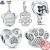 Für Pandora-Charms authentische 925er Silberperlen, baumelnde rosa Emaille-Lotus-Charms, Katzen-Fußabdruck-Perle