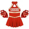 Cheerleading Kids Girls Uniforme Sports Dance Dress sem mangas Letras Estampadas Costas Ocas com 1 Par Bolas de Flores com Borla 230608