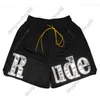 Marca de grife High Street Beach Black RHIIDE Mesh Tecido Couro Letras Bordadas Verão Respirável Basquete Masculino Com Vários Bolsos Populares Shorts Esportivos