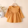 Mädchen Kleider 1-5Y Mode Kinder Kinder Baby Mädchen Herbst Party Kleid Rüschen Langarm Solide Baumwolle Leinen Casual A-line Kleidung