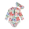 Summer Baby Girls Long Sleeve One-Pieces Swimsuit Toddler Sun Protection Quick-Drying Infant Floral Print Swim Suit + Headband Clothes