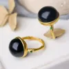 Band Rings Natural Hetian black jade round bead opening adjustable ring Chinese retro elegant bamboo charm womens silver jewelry 230608