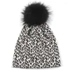 Baretten Vrouwen Hip Hop Mode Luipaard Print Warme Caps Dot Lente Baggy Mutsen Skullies Hoeden Met 15 cm Natuurlijke wasbeer Bont Pompom