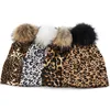 Boinas femininas gorro casual taps outono inverno beanies femininos de moda feminina chapéus estampas de leopardo com pompom de pêlo de raccoo de verdade