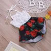 Rompers födda babyflickor kläder ärmlösa spetsblomma tryck rem romper jumpsuit onepiece outfit sommar 230607