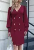 Abiti casual Donna Abito doppiopetto manica lunga con scollo a V Vita sottile Manica intera Rosso Primavera Autunno Donna Elegante Abbigliamento da ufficio