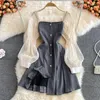 Casual Dresses South Korean Version Of The Waist Slimming Temperament Girl Single Breasted Bubble Sleeve Square Collar Dress