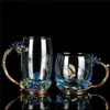 Kubki Blue Rose Emali Crystal Cup Glass Glass Glass Glass Glass Cup Kubek z ręcznikiem Idealny prezent na kochanek ślub 230607