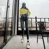 Jeans de mujer 2023 estilo coreano elegante doble botonadura adelgazamiento desgastado estiramiento cintura alta cintura delgada
