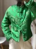 Trench-coats pour femmes Conception unique Veste en coton imprimé en soie Mode féminine Vert Hiver Chaud Style chinois O-Neck Bat Sleeve Lady Coat