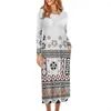 Casual Jurken 2023 Vrouwelijke Bloemen Maxi Polynesische Tribal Zwart Wit Tapa Masi Doek Print Custom Hoge Kwaliteit Herfst Jurk Voor Dames