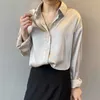 Женские блузкие рубашки Silk Korean Office Ladies Элегантная рубашка блузена женщина мода пуговица в атласную рубашку винтажные белые рубашки с длинным рукавом 11355 230607