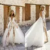 Macacão de renda com decote em V profundo transparente vestidos de noiva com trem destacável manga longa vestidos de noiva vestido de novia