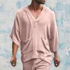 Chemises décontractées pour hommes à la mode hommes deux pièces ensemble coton lin couleur unie costume ample été demi manches col en V t-shirt et short pour