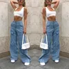 Women's Jeans Women Washed Large Pockets Vintage Blue Cargo Pants High Street Loose Denim Trousers Fashion Simple Casual Wide Leg