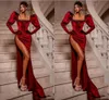 Sexy Red Mermaid Prom Dresses Long for Women Square Neck Long Sleeves Beads High Side Split Draped Party Dress Formal Birthday Pageant Celebrity Evening Gown
